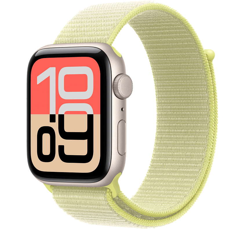 Apple Watch SE 3, 40 мм, корпус из алюминия цвета «сияющая звезда», текстильный ремешок цвета «неоновый жёлтый»