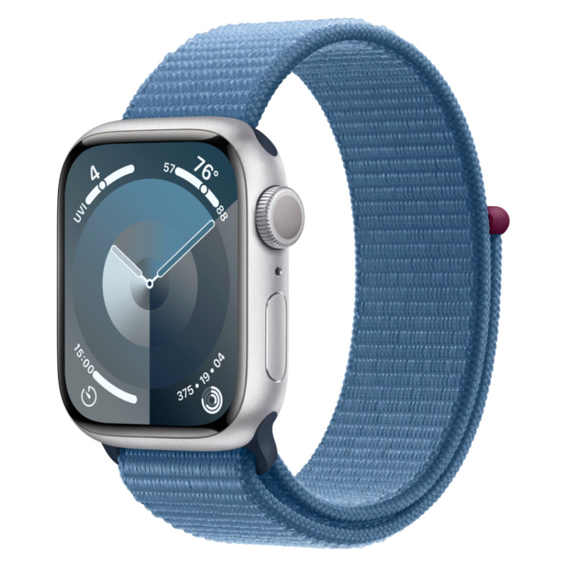 Apple Watch Series 9, 41 мм, корпус из алюминия Серебристого цвета, текстильный ремешок цвета Ледяной синий