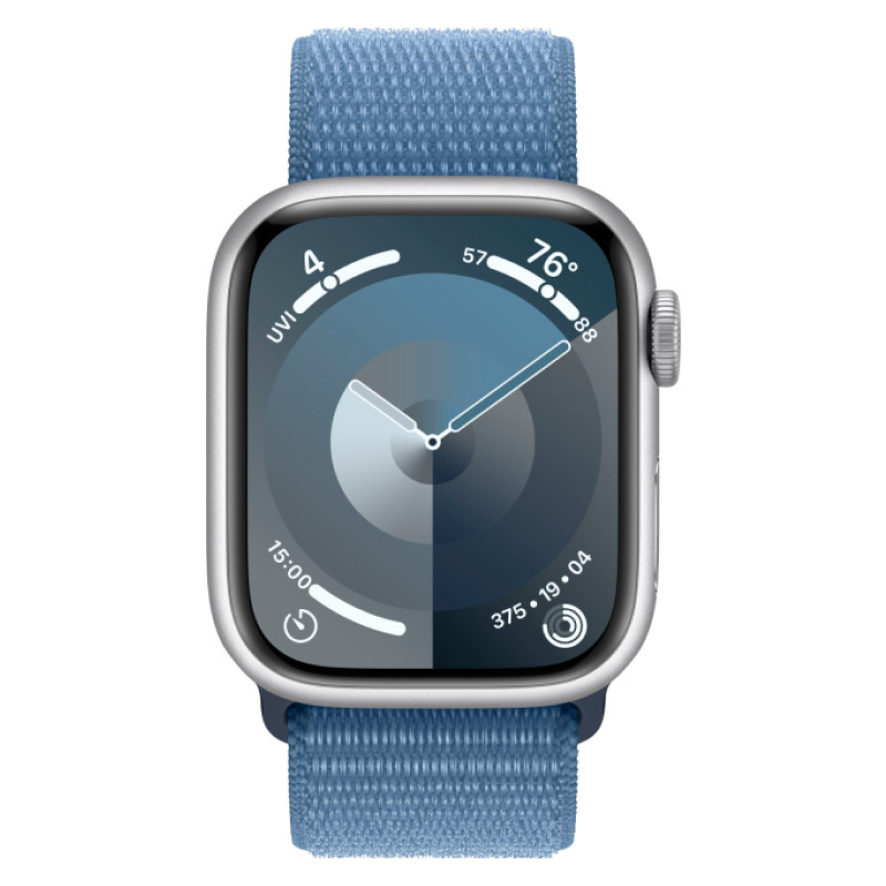 Apple Watch Series 9, 41 мм, корпус из алюминия Серебристого цвета, текстильный ремешок цвета Ледяной синий