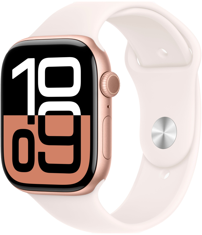 Apple Watch Series 10, 46 мм, корпус из алюминия цвета «розовое золото», спортивный ремешок цвета «румянец» M/L
